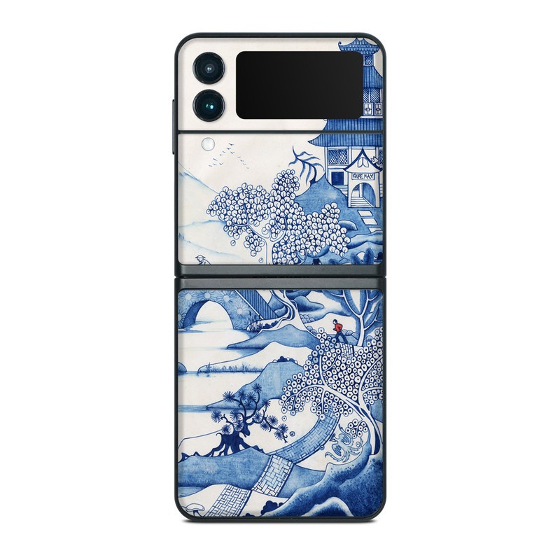 Samsung Galaxy Z Flip3 Skin design of Blue, Blue and white porcelain, Winter, Christmas eve, Illustration, Snow, World, Art, with blue, white colors