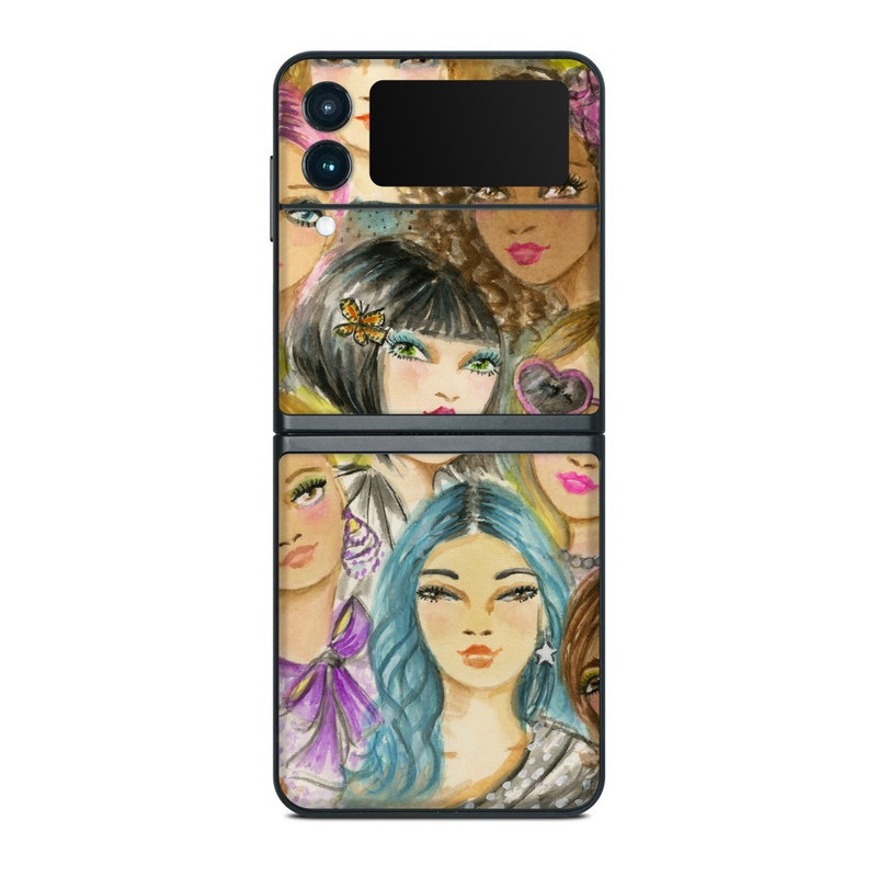Samsung Galaxy Z Flip3 Skin design of Face, Hair, Head, Art, Hair coloring, Cheek, Illustration, Human, Watercolor paint, Brown hair, with white, black, brown, yellow, purple, blue, pink colors