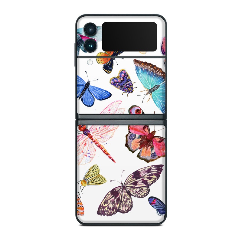 Samsung Galaxy Z Flip3 Skin design of Butterfly, Pollinator, Insect, Arthropod, Organism, Moths and butterflies, Art, Symmetry, Wing, Illustration, with white, blue, green, red, yellow, orange, pink, brown, purple colors