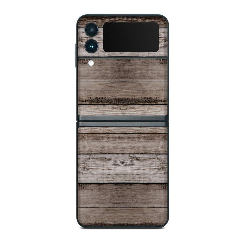 Samsung Galaxy Z Flip3 Skin design of Wood, Plank, Wood stain, Hardwood, Line, Pattern, Floor, Lumber, Wood flooring, Plywood, with brown, black colors
