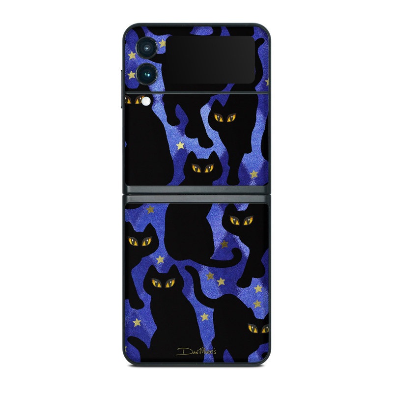 Samsung Galaxy Z Flip3 Skin design of Black cat, Black, Cat, Small to medium-sized cats, Pattern, Felidae, Design, Electric blue, Illustration, Art, with black, blue, purple, yellow colors
