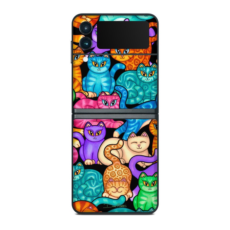 Samsung Galaxy Z Flip3 Skin design of Cat, Cartoon, Felidae, Organism, Small to medium-sized cats, Illustration, Animated cartoon, Wildlife, Kitten, Art, with black, blue, red, purple, green, brown colors