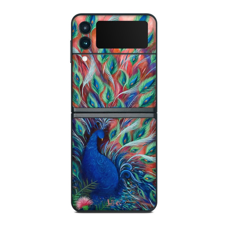 Samsung Galaxy Z Flip3 Skin design of Painting, Acrylic paint, Bird, Child art, Art, Galliformes, Peafowl, Visual arts, Watercolor paint, Plant, with black, red, gray, blue, green colors