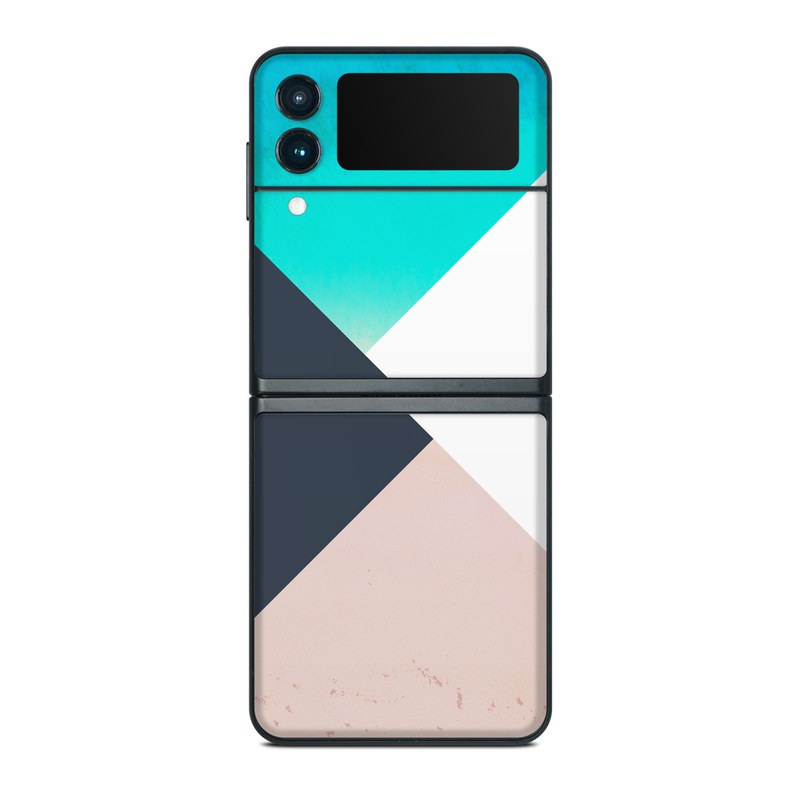 Samsung Galaxy Z Flip3 Skin design of Blue, Turquoise, Aqua, Line, Triangle, Design, Material property, Graphic design, Pattern, Architecture, with black, white, brown, blue colors