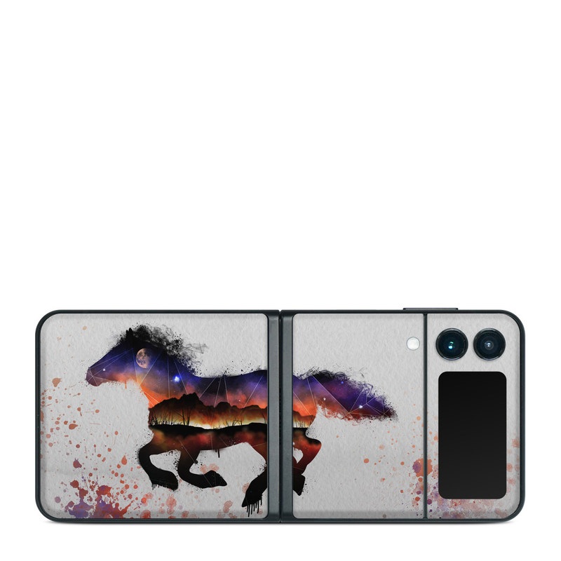 Samsung Galaxy Z Flip3 Skin design of Watercolor paint, Illustration, Art, Horse, Paint, Drawing, Graphic design, Painting, Visual arts, Mustang horse, with gray, white, purple, red, yellow, black, orange colors