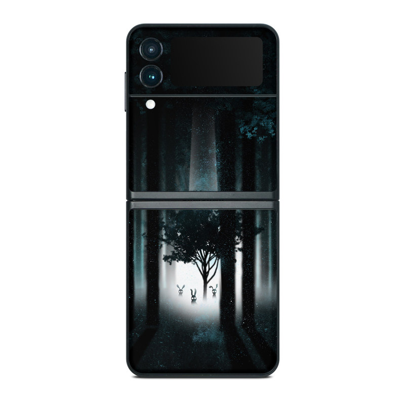 Samsung Galaxy Z Flip3 Skin design of Darkness, Black, Nature, Tree, Natural environment, Forest, Atmosphere, Atmospheric phenomenon, Light, Natural landscape, with black, blue, white colors