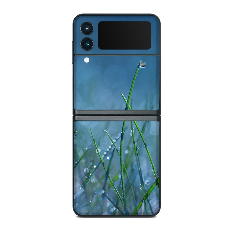 Samsung Galaxy Z Flip3 Skin design of Moisture, Dew, Water, Green, Grass, Plant, Drop, Grass family, Macro photography, Close-up, with blue, black, green, gray colors