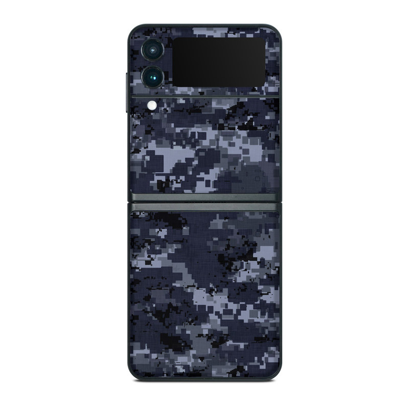 Samsung Galaxy Z Flip3 Skin design of Military camouflage, Black, Pattern, Blue, Camouflage, Design, Uniform, Textile, Black-and-white, Space, with black, gray, blue colors