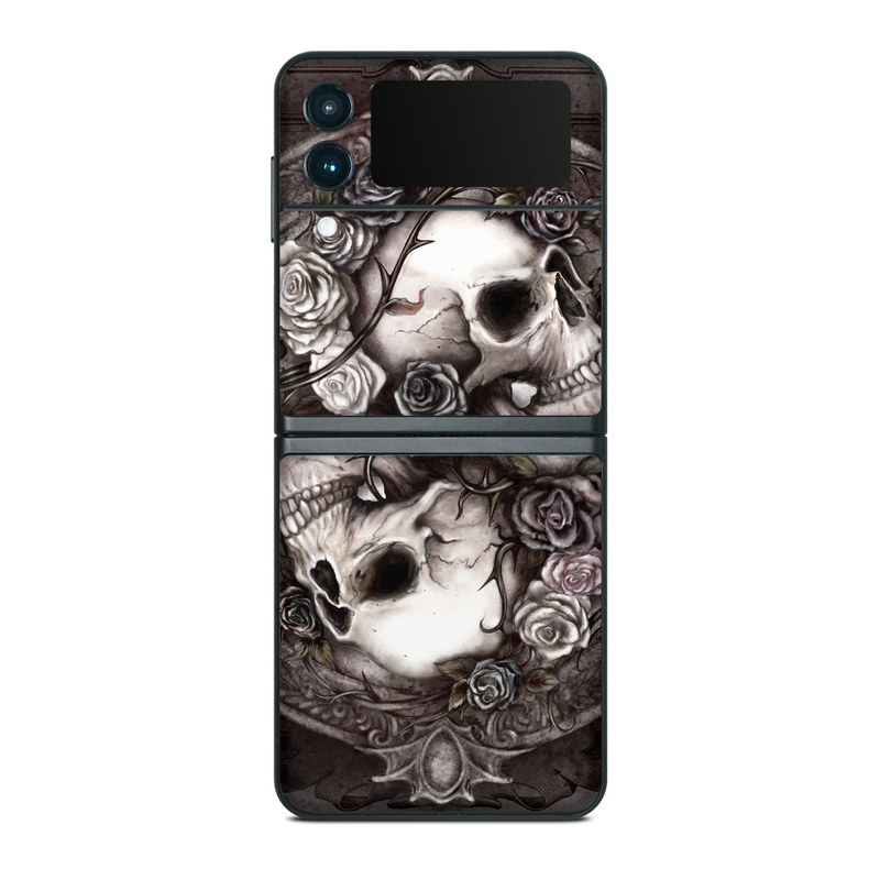 Samsung Galaxy Z Flip3 Skin design of Skull, Bone, Illustration, Font, Still life photography, Photography, Still life, Art, Monochrome, Circle, with black, white, brown, pink colors