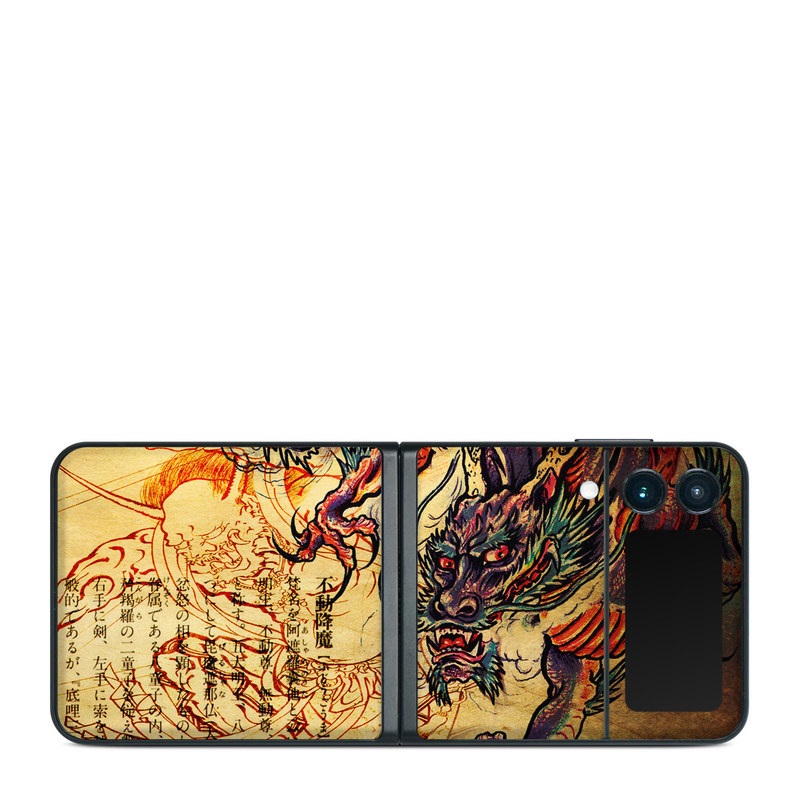 Samsung Galaxy Z Flip3 Skin design of Illustration, Fictional character, Art, Demon, Drawing, Visual arts, Dragon, Supernatural creature, Mythical creature, Mythology, with black, green, red, gray, pink, orange colors