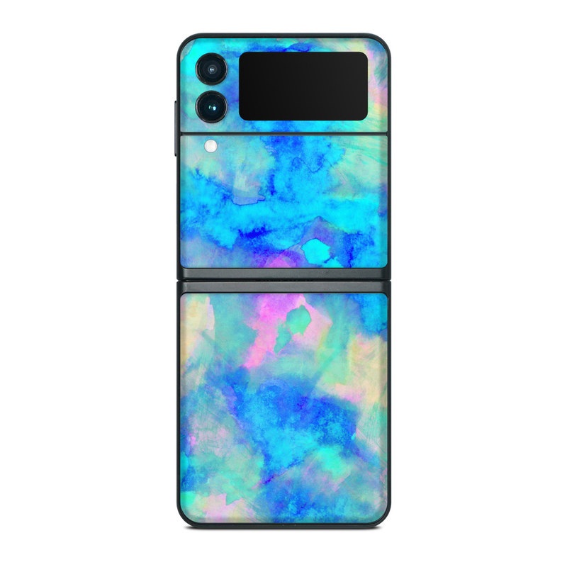 Samsung Galaxy Z Flip3 Skin design of Blue, Turquoise, Aqua, Pattern, Dye, Design, Sky, Electric blue, Art, Watercolor paint, with blue, purple colors