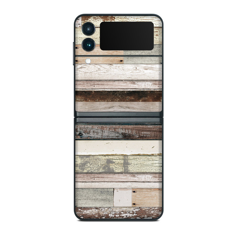 Samsung Galaxy Z Flip3 Skin design of Wood, Wall, Plank, Line, Lumber, Wood stain, Beige, Parallel, Hardwood, Pattern, with brown, white, gray, yellow colors