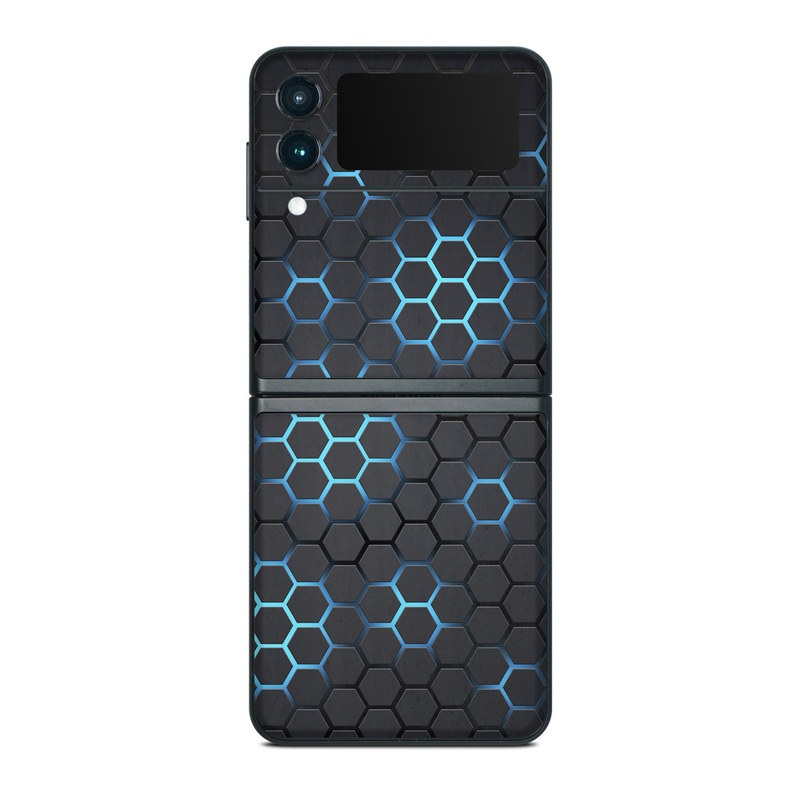 Samsung Galaxy Z Flip3 Skin design of Pattern, Water, Design, Circle, Metal, Mesh, Sphere, Symmetry, with black, gray, blue colors