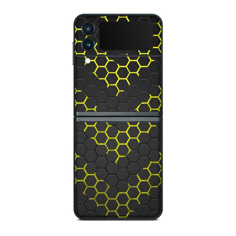 Samsung Galaxy Z Flip3 Skin design of Black, Pattern, Yellow, Mesh, Net, Chain-link fencing, Design, Metal, with black, gray, yellow colors