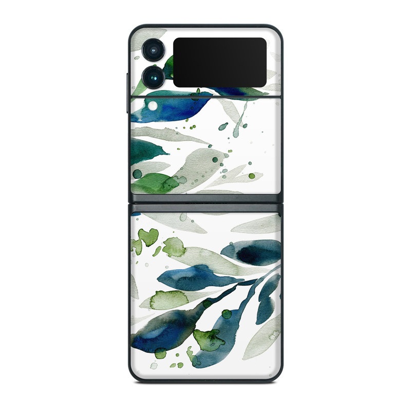 Samsung Galaxy Z Flip3 Skin design of Leaf, Branch, Plant, Tree, Botany, Flower, Design, Eucalyptus, Pattern, Watercolor paint, with white, blue, green, gray colors