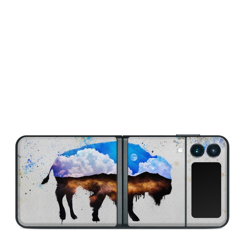 Samsung Galaxy Z Flip3 Skin design of Watercolor paint, Illustration, Art, Water, Painting, Sky, Paint, Acrylic paint, Drawing, Visual arts, with gray, blue, white, black, yellow, orange colors