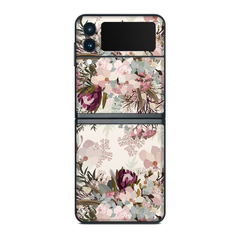 Samsung Galaxy Z Flip3 Skin design of Pink, Pattern, Lilac, Flower, Plant, Petal, Floral design, Textile, Design, Blossom, with white, red, pink, blue, brown colors