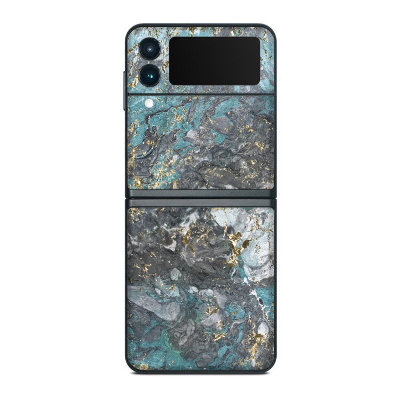 Samsung Galaxy Z Flip3 Skin design of Blue, Turquoise, Green, Aqua, Teal, Geology, Rock, Painting, Pattern, with black, white, gray, green, blue colors