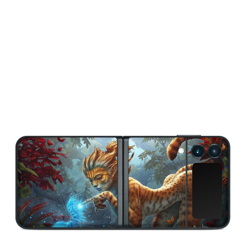 Samsung Galaxy Z Flip3 Skin design of Fictional character, Mythology, Illustration, Cg artwork, Sky, Organism, Dragon, Felidae, Mythical creature, Art, with yellow, red, black, green, blue colors
