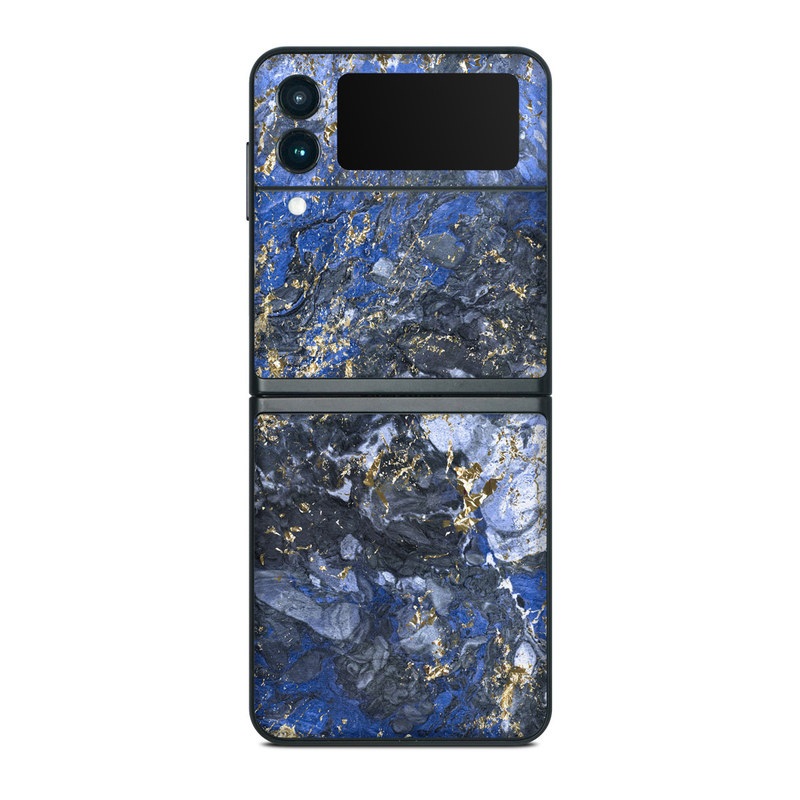 Samsung Galaxy Z Flip3 Skin design of Blue, Water, Cobalt blue, Rock, Painting, Geology, Electric blue, Mineral, Pattern, Acrylic paint, with black, blue, yellow, white, gray colors
