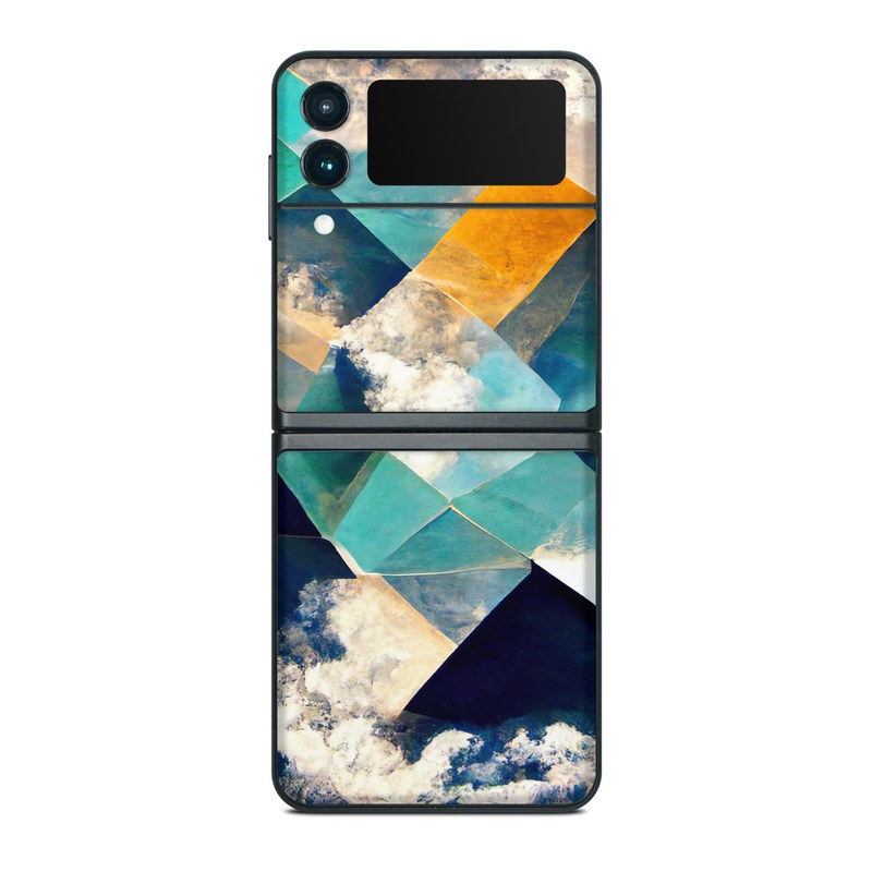Samsung Galaxy Z Flip3 Skin design of Daytime, World, Nature, Blue, Azure, Green, Triangle, Rectangle, Architecture, Art, with blue, yellow, white, green colors