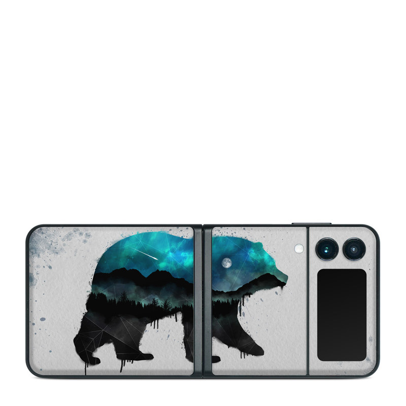 Samsung Galaxy Z Flip3 Skin design of Bear, Illustration, Grizzly bear, Art, Watercolor paint, Snout, Carnivore, Graphic design, Space, Polar bear, with gray, black, white, green, blue colors