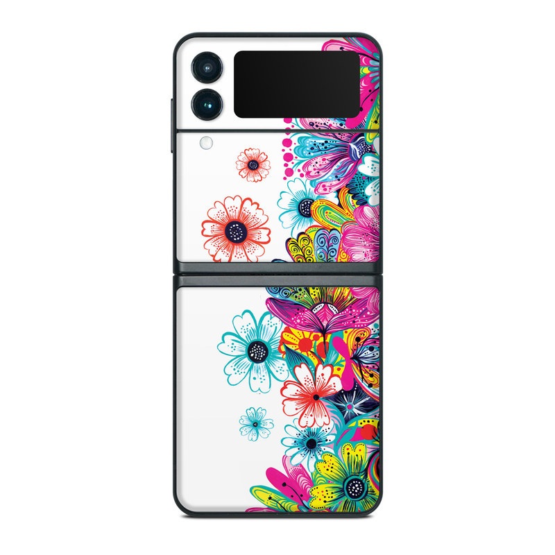 Samsung Galaxy Z Flip3 Skin design of Pattern, Floral design, Design, Graphic design, Flower, Wildflower, Plant, Graphics, Clip art, Visual arts, with white, pink, blue, yellow, purple, red colors