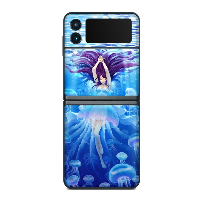 Samsung Galaxy Z Flip3 Skin design of Jellyfish, Cnidaria, Organism, Marine biology, Marine invertebrates, Water, Bioluminescence, Illustration, Electric blue, Fictional character, with blue, purple, gray colors