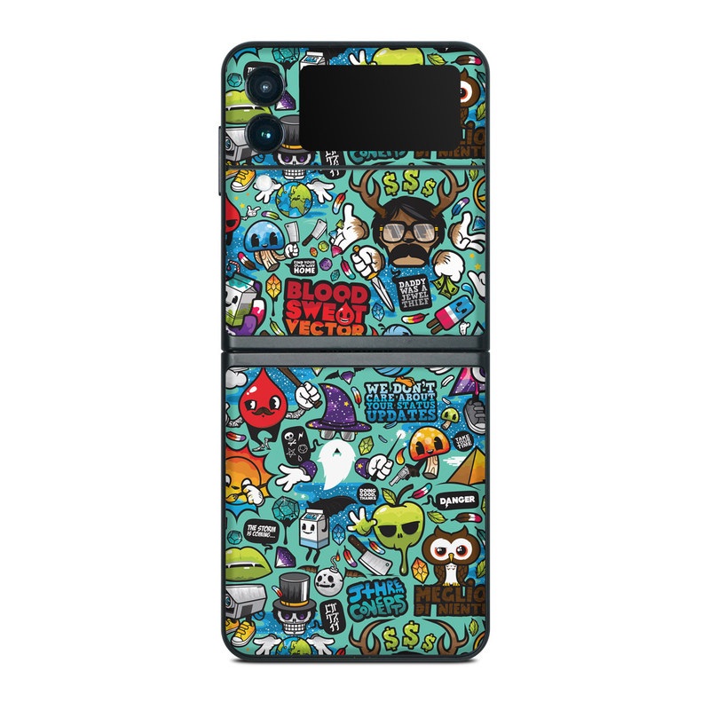 Samsung Galaxy Z Flip3 Skin design of Cartoon, Art, Pattern, Design, Illustration, Visual arts, Doodle, Psychedelic art, with black, blue, gray, red, green colors