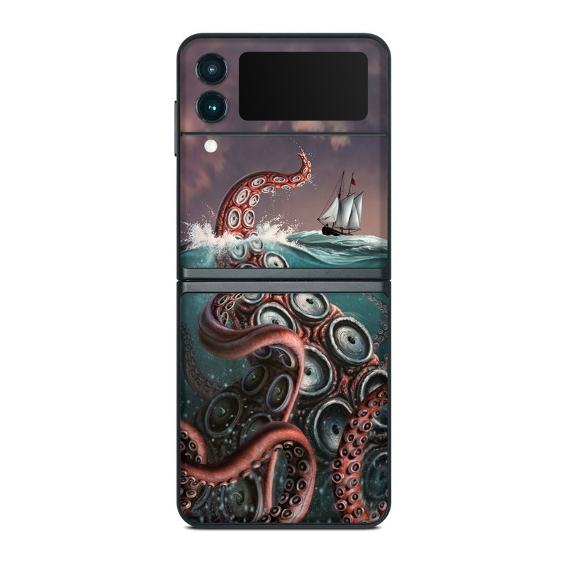 Samsung Galaxy Z Flip3 Skin design of Octopus, Water, Illustration, Wind wave, Sky, Graphic design, Organism, Cephalopod, Cg artwork, giant pacific octopus, with blue, gray, white, brown, red colors
