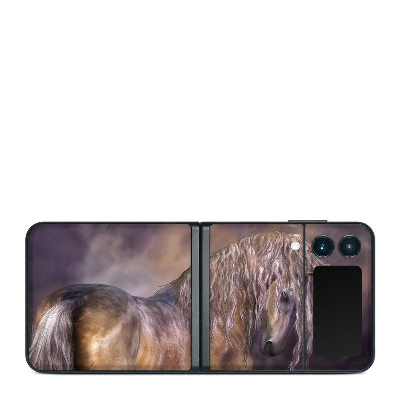 Samsung Galaxy Z Flip3 Skin design of Horse, Mane, Stallion, Mustang horse, Fictional character, Mare, Painting, Wildlife, Mythical creature, with black, gray, red, blue, green colors