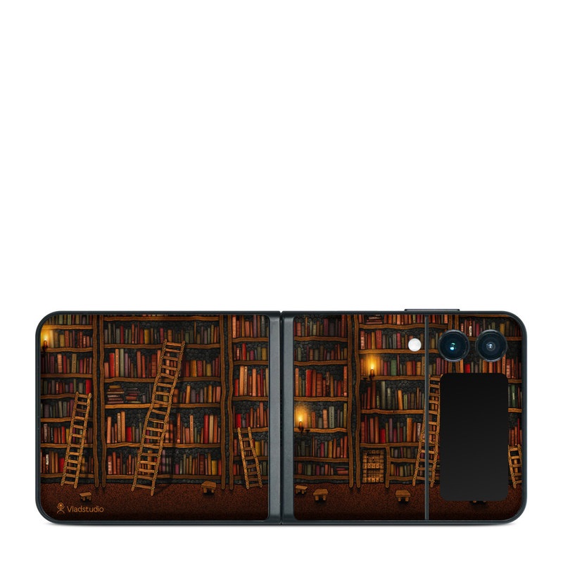 Samsung Galaxy Z Flip3 Skin design of Shelving, Library, Bookcase, Shelf, Furniture, Book, Building, Publication, Room, Darkness, with black, red colors