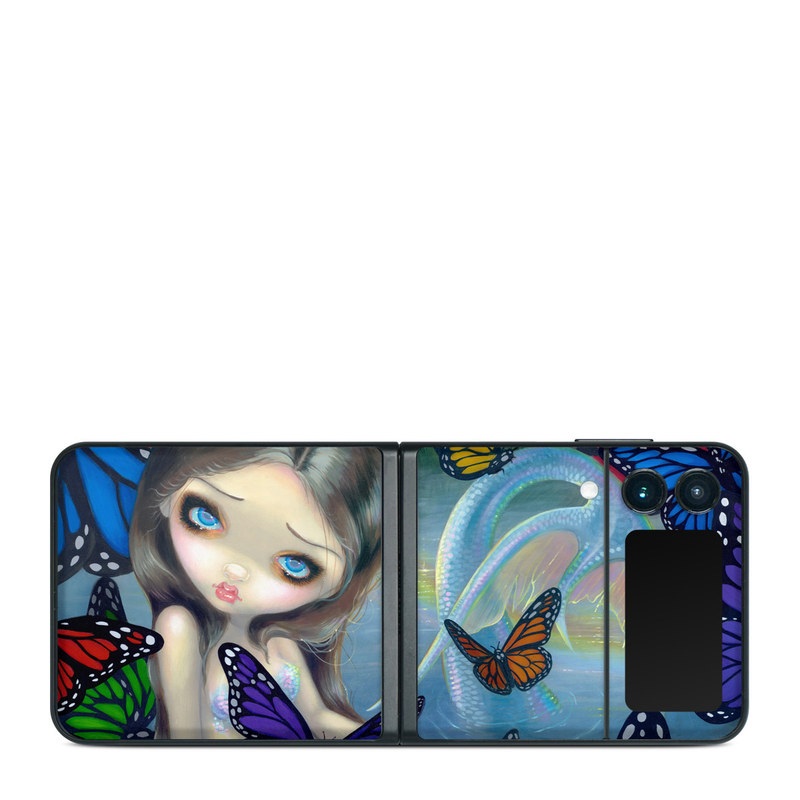 Samsung Galaxy Z Flip3 Skin design of Butterfly, Insect, Monarch butterfly, Moths and butterflies, Cynthia (subgenus), Invertebrate, Pollinator, Brush-footed butterfly, Organism, Art, with gray, black, blue, red, pink colors