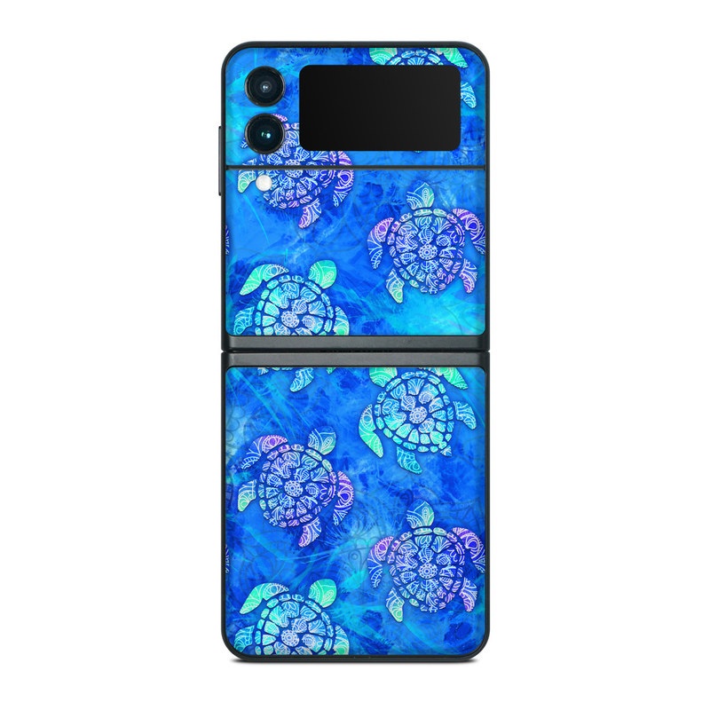 Samsung Galaxy Z Flip3 Skin design of Blue, Pattern, Organism, Design, Sea turtle, Plant, Electric blue, Hydrangea, Flower, Symmetry, with blue, green, purple colors