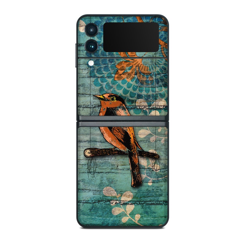 Samsung Galaxy Z Flip3 Skin design of Bird, Turquoise, Painting, Art, Coraciiformes, Branch, Beak, Wildlife, Perching bird, Illustration, with black, blue, gray, green, red colors