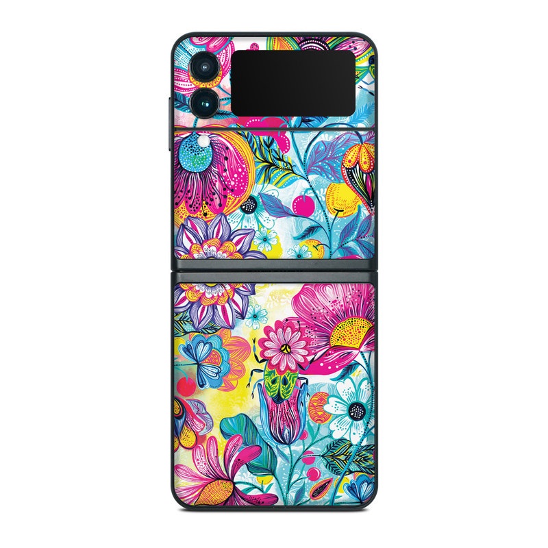 Samsung Galaxy Z Flip3 Skin design of Pattern, Floral design, Textile, Design, Flower, Wildflower, Visual arts, Plant, Wrapping paper, with blue, pink, purple, green, yellow, orange, white colors