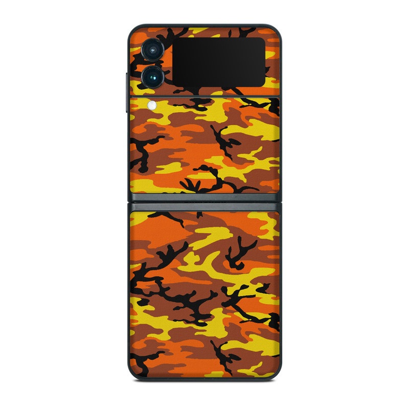 Samsung Galaxy Z Flip3 Skin design of Military camouflage, Orange, Pattern, Camouflage, Yellow, Brown, Uniform, Design, Tree, Wildlife, with red, green, black colors