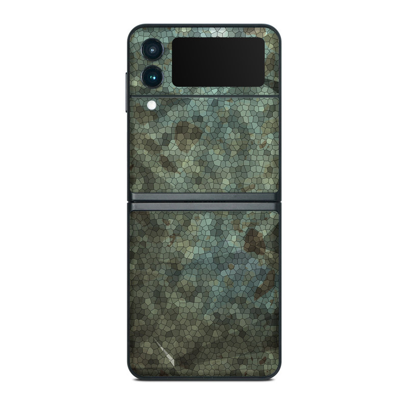 Samsung Galaxy Z Flip3 Skin design of Green, Pattern, Brown, Wall, Design, Rock, Geology, Camouflage, Granite, Metal, with black, brown, blue, gray, white colors