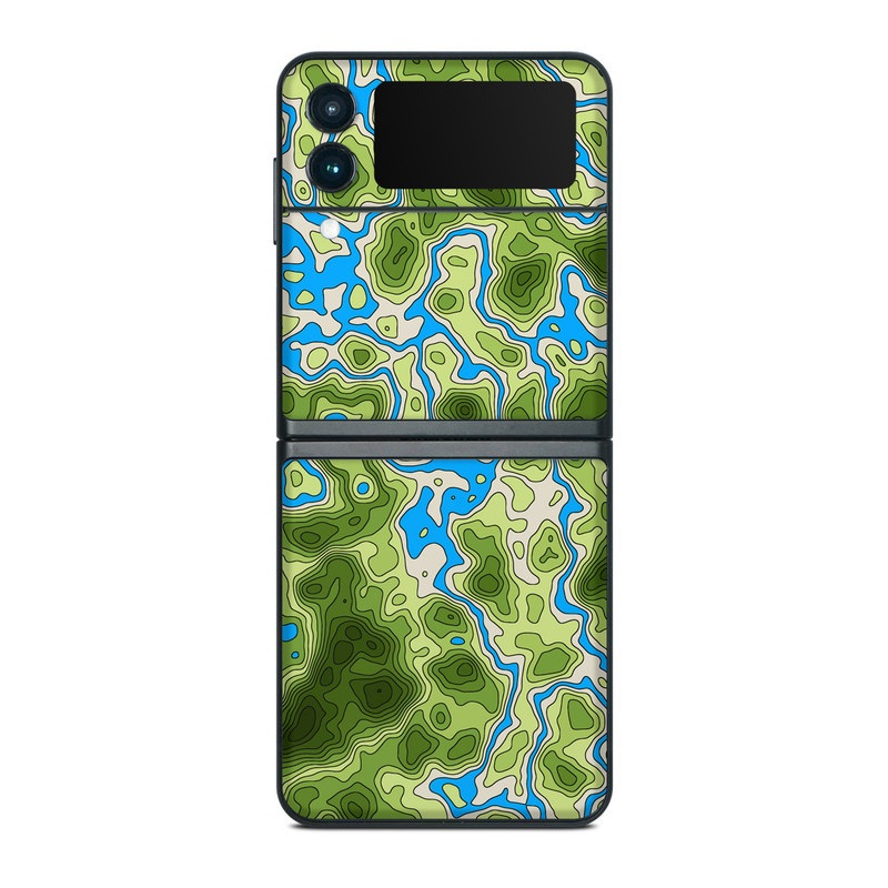 Samsung Galaxy Z Flip3 Skin design of Botany, Azure, Organism, Vegetation, Aqua, Terrestrial plant, Symmetry, Electric blue, Pattern, Art, with green, blue colors