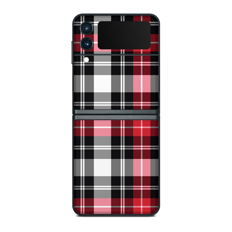 Samsung Galaxy Z Flip3 Skin design of Plaid, Tartan, Pattern, Red, Textile, Design, Line, Pink, Magenta, Square, with black, gray, pink, red, white colors
