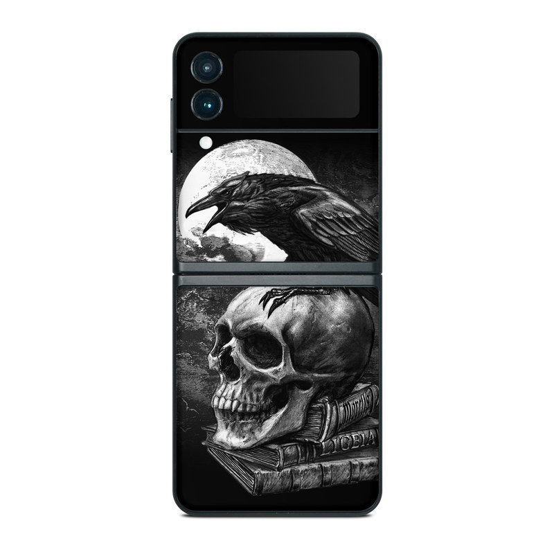Samsung Galaxy Z Flip3 Skin design of Bone, Skull, Bird, Darkness, Monochrome, Wing, Black-and-white, Illustration, Beak, Fictional Character, Drawing, Symbol, with black, white, gray colors