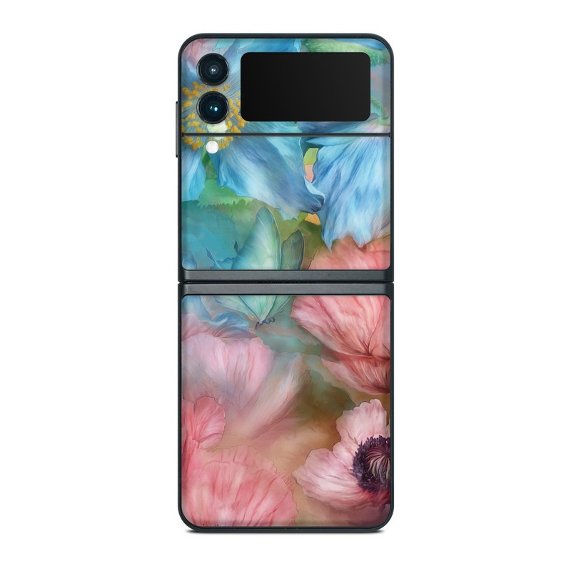 Samsung Galaxy Z Flip3 Skin design of Flower, Petal, Watercolor paint, Painting, Plant, Flowering plant, Pink, Botany, Wildflower, Still life, with gray, blue, black, red, green colors