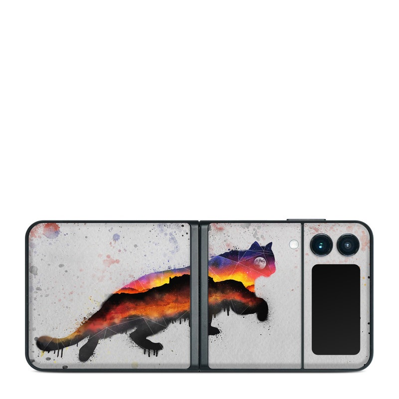 Samsung Galaxy Z Flip3 Skin design of Illustration, Watercolor paint, Art, Tail, Painting, Drawing, Acrylic paint, Geological phenomenon, Red fox, Paint, with gray, black, red, yellow, orange, white colors