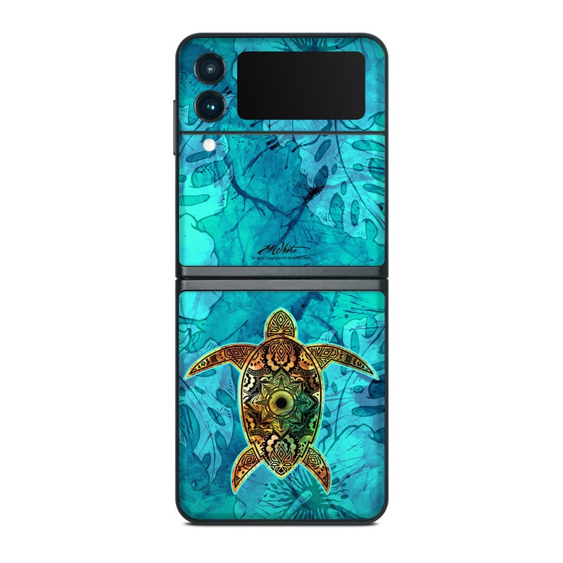 Samsung Galaxy Z Flip3 Skin design of Sea turtle, Green sea turtle, Turtle, Hawksbill sea turtle, Tortoise, Reptile, Loggerhead sea turtle, Illustration, Art, Pattern, with blue, black, green, gray, red colors