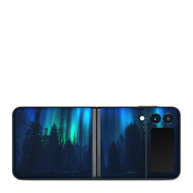 Samsung Galaxy Z Flip3 Skin design of Blue, Light, Natural environment, Tree, Sky, Forest, Darkness, Aurora, Night, Electric blue, with black, blue colors