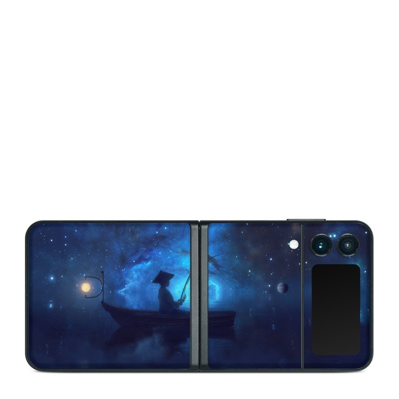 Samsung Galaxy Z Flip3 Skin design of Sky, Night, Atmosphere, Light, Atmospheric phenomenon, Darkness, Screenshot, Space, Midnight, Moonlight, with white, blue, black, green, orange colors