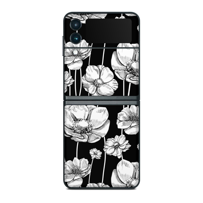 Samsung Galaxy Z Flip3 Skin design of Flower, Black-and-white, Plant, Botany, Petal, Design, Wildflower, Monochrome photography, Pattern, Monochrome, with black, gray, white colors