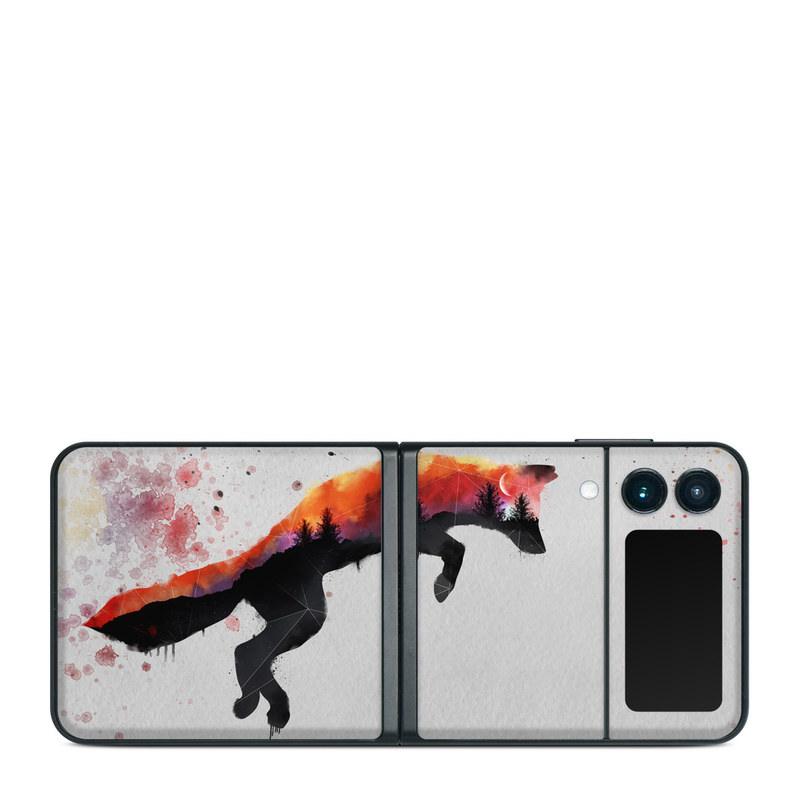 Samsung Galaxy Z Flip3 Skin design of Illustration, Watercolor paint, Art, Graphic design, Painting, Red fox, Visual arts, Paint, Drawing, Tail, with gray, black, red, yellow, orange, white colors