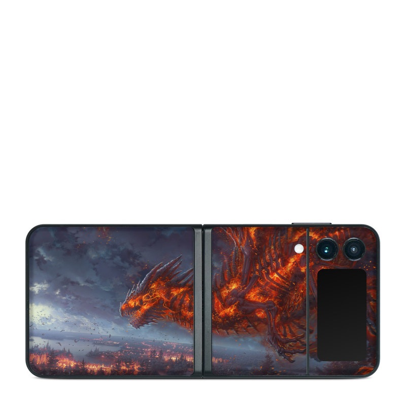 Samsung Galaxy Z Flip3 Skin design of Geological phenomenon, Dragon, Cg artwork, Sky, Flame, Fictional character, Mythology, Lava, Demon, Heat, with red, blue, black colors