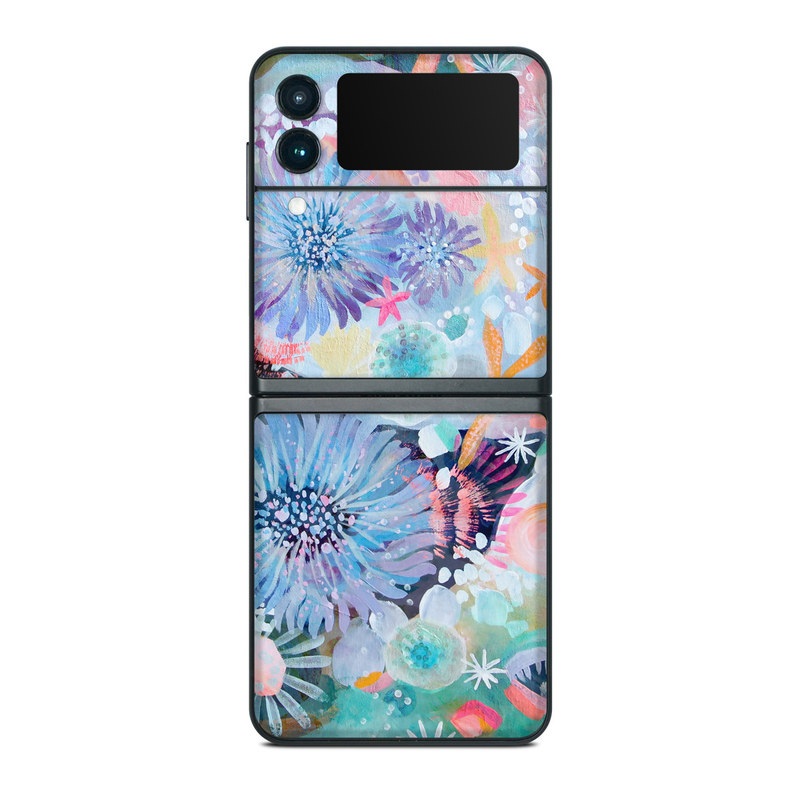 Samsung Galaxy Z Flip3 Skin design of Pattern, Aqua, Textile, Design, Watercolor paint, Visual arts, Flower, Art, Plant, Illustration, with blue, orange, pink, purple, green, white colors